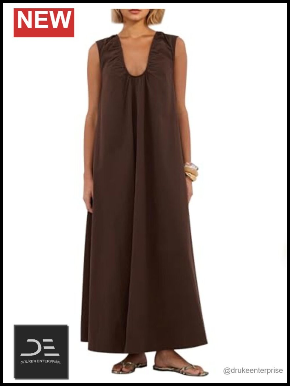 Sleeveless Ruched Maxi Dress Scoop Neck Side Pockets Wide Strap Cotton
